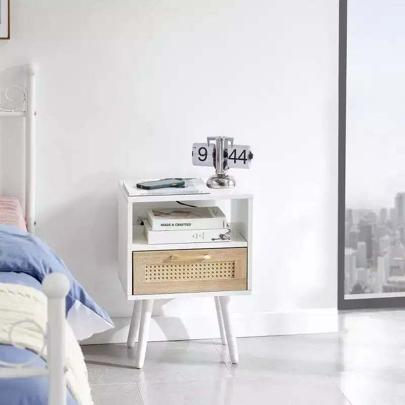 Nightstand with Charging Station, Rattan Side End Table, 15.75 Wood Bedside Accent Table with Storage with Drawer, USB Ports for Living Room