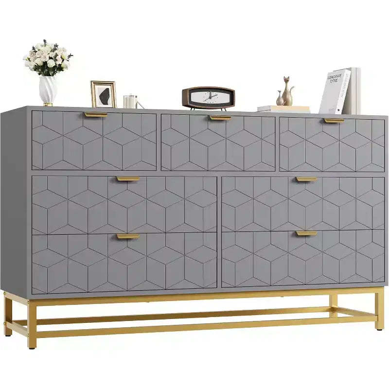 53.5 Dresser for Bedroom,Modern 7 Drawer Triple Dresser with Gold Accents,Long Storage Organizer for TV Stand & Closet,Large Chest of Drawers