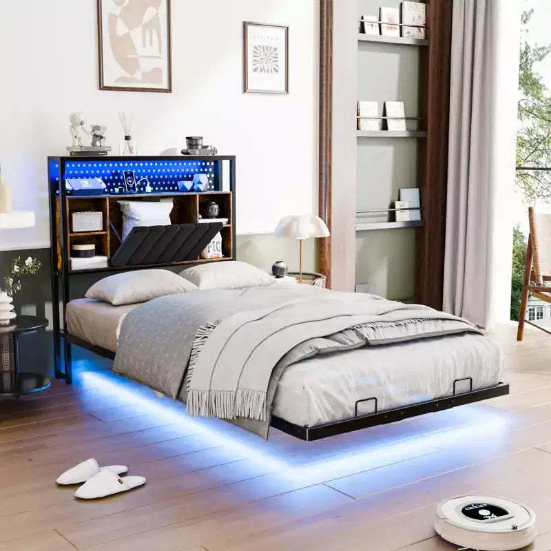Karl Home Floating Bed Frame Twin Size with Storage Headboard, Metal Platform Bed with LED and Charging Station for Bedroom, Black