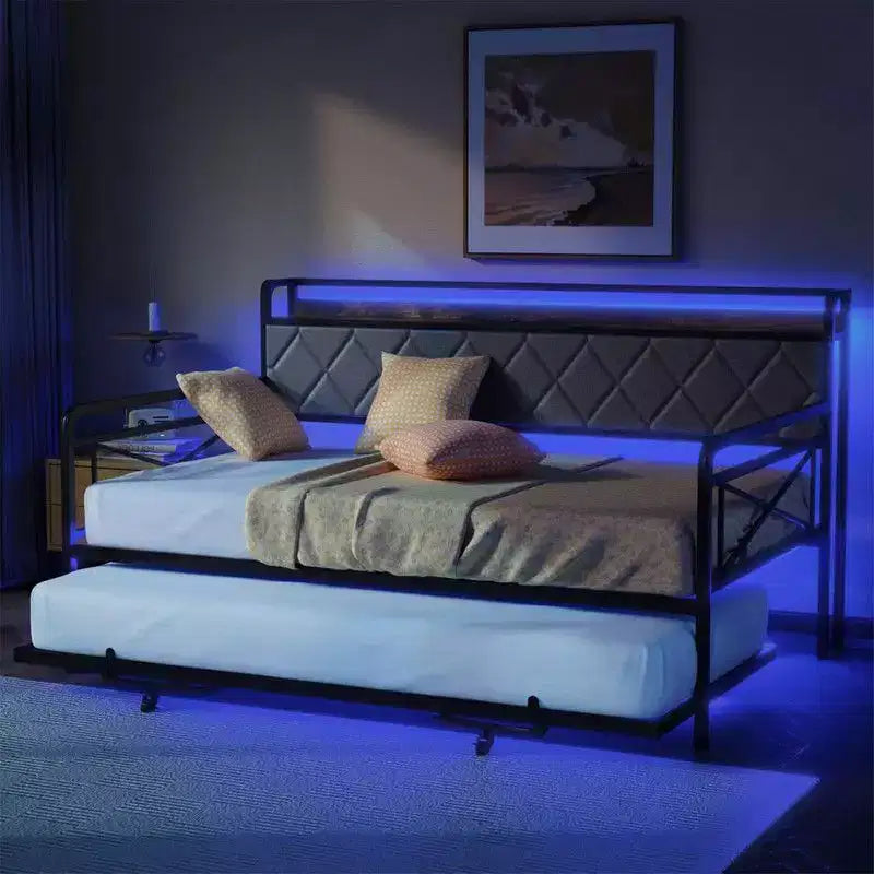 Karl Home Twin Size Metal Daybed Frame with Pop-up Trundle Bed and Charging Station with Upholstered Storage Headboard and LED Lights