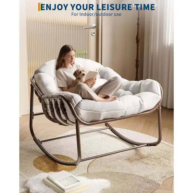 Acekool Oversized Wicker Rocking Chair - Plush Papasan-Style Seating for Indoor & Outdoor Use