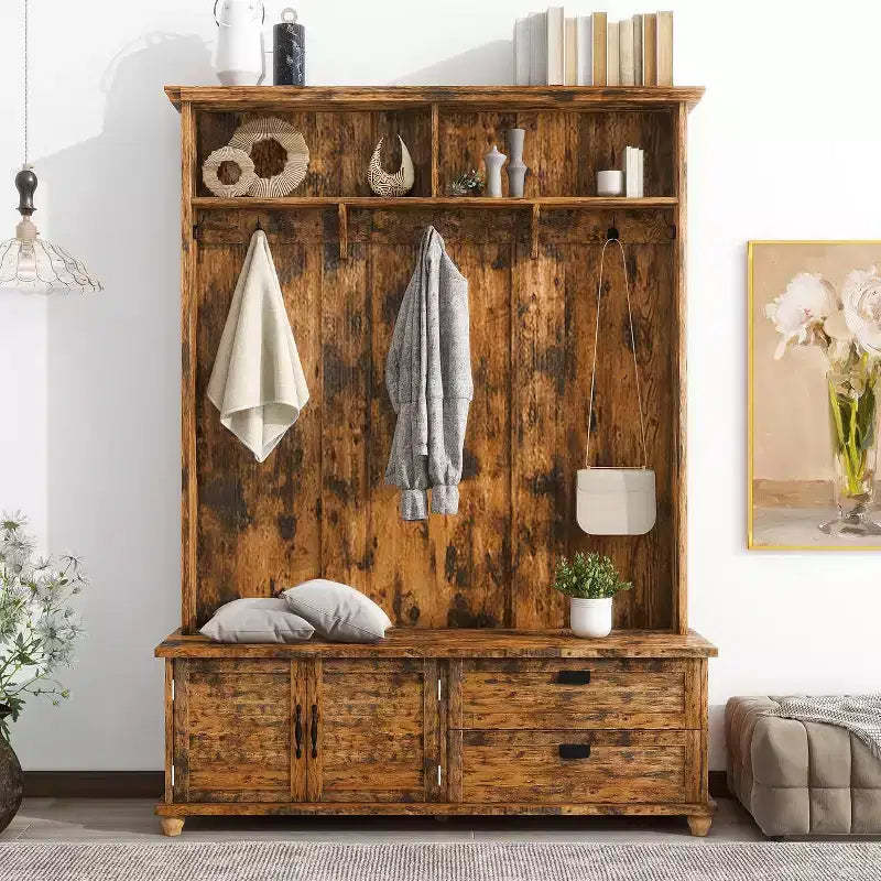 Modern Hall Tree With Storage Bench, Entryway Coat Rack With 5 Hooks & 2 Large Drawers, Rustic Brown Shoe Cabinet for Mudroom, Living Room, Bedroom