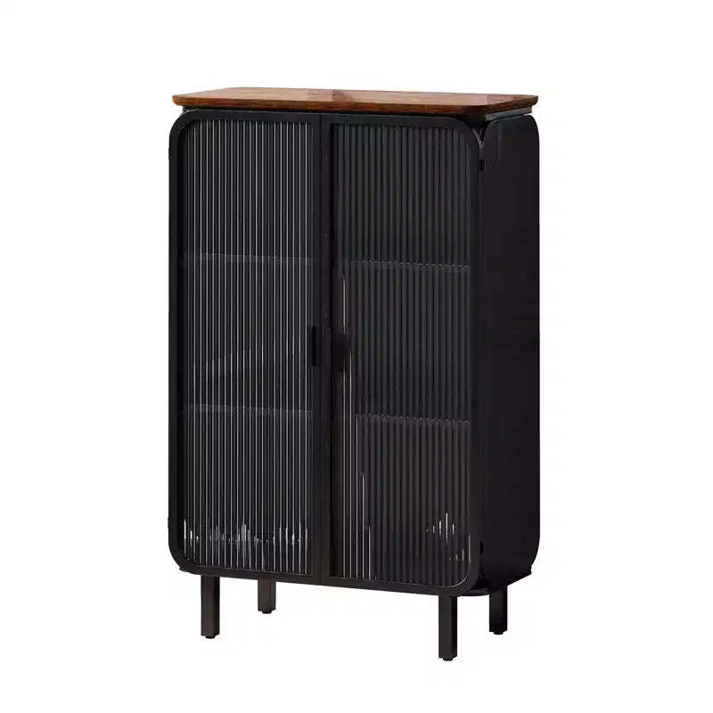 Modern Two-Door Cabinet with Glass Doors Featuring Three-Tier Storage 28.35 Unique Fir Cabinet Top for Entryway Home Black
