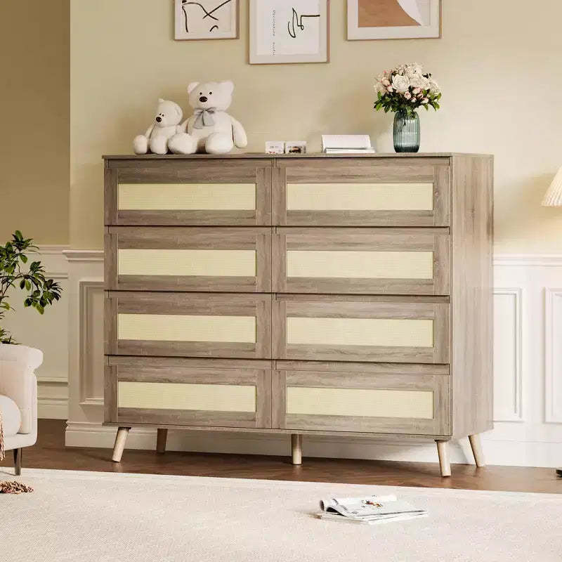 6 Drawer Rattan Dresser, Double Dresser with Deep Drawers, Chest of Drawers for Closet with Wide Top, for Bedroom, Entryway, Hallway, Living Room