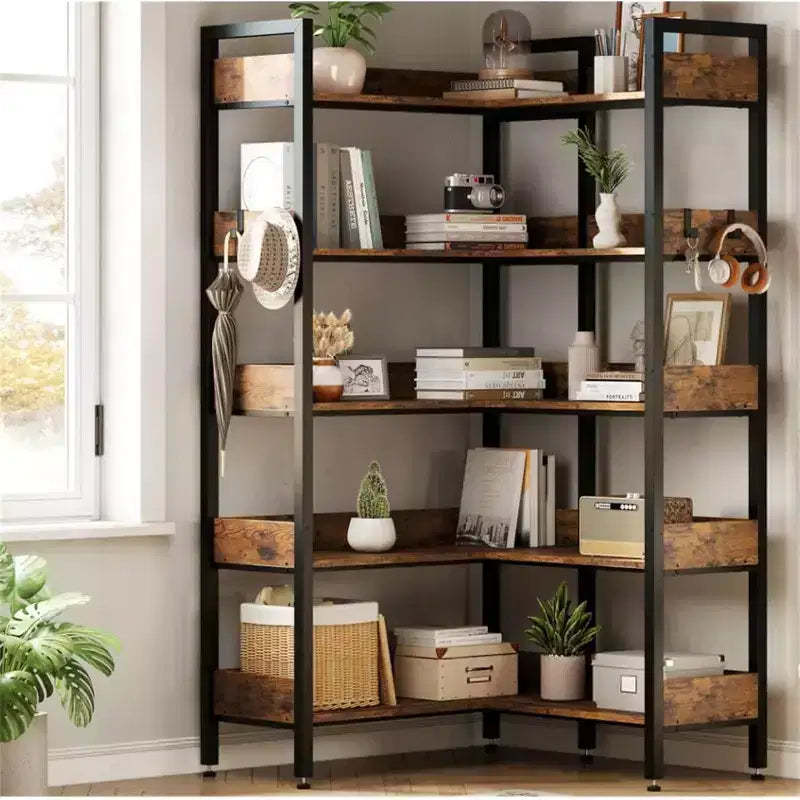 5 Tier Convertible Corner Book Shelf, Modern Industrial Bookcase, L Shaped Storage Display Shelf for Home Office, Living Room, Study Room
