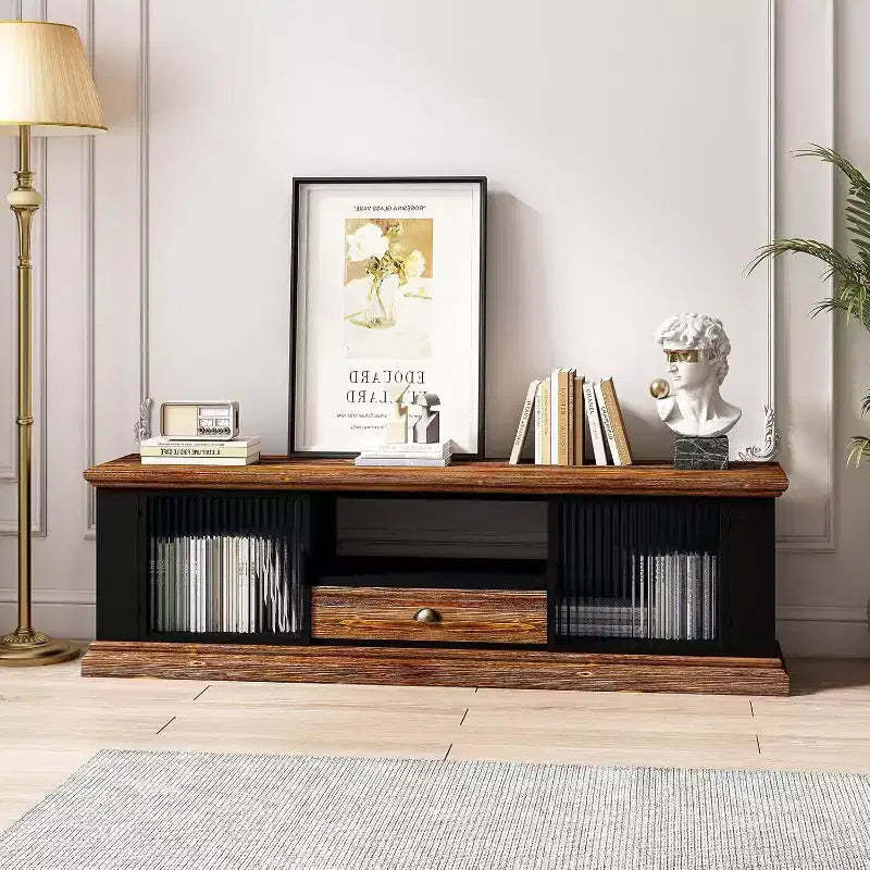 Acekool Modern TV Stand, Fir Wood & Iron Media Console, Large Drawer Storage, Open Shelf, Fits Up to 55 TV, 62.99 x 15.75 x 18.70