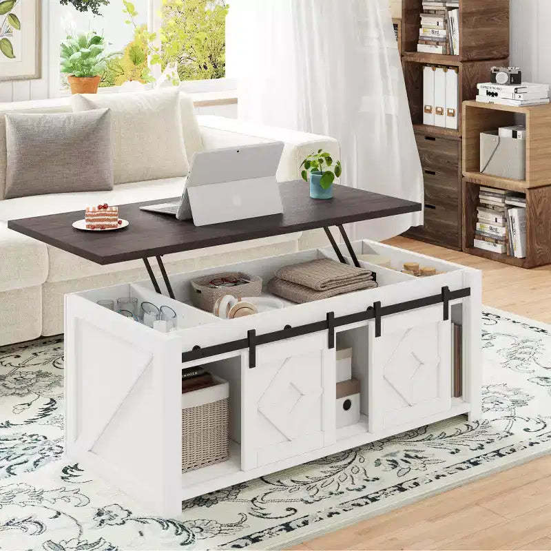 EROMMY Farmhouse Lift Top Coffee Table With Storage & Sliding Barn Doors