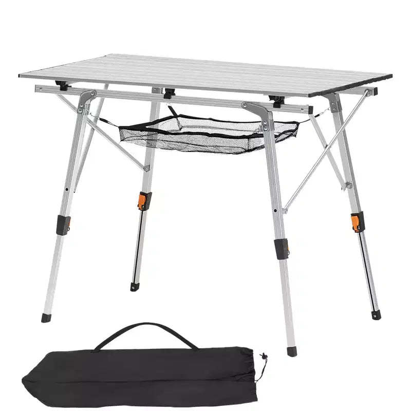VEVOR Folding Camping Table, Portable Roll Up Side Tables, Lightweight Aluminum Beach Table with Adjustable Height, Top Mesh Layer, Silver