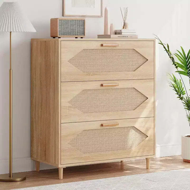 Rattan 3-Drawer Dresser - Modern Wood Storage Cabinet for Bedroom & Living Room
