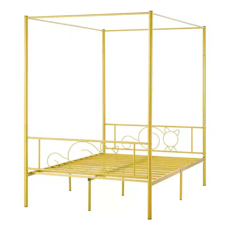 VEVOR Full Size Canopy Bed Frame, Metal Canopy Bed with Minimalist Headboard & Four Posters Design, Heavy Duty Steel Slats Support, Gold
