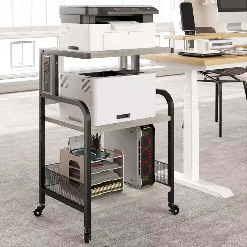 Printer Stand, 3-Tier Rolling Printer Cart with USB Ports & Power Outlets - Heavy Duty Storage Table (Home/Office, Gray)