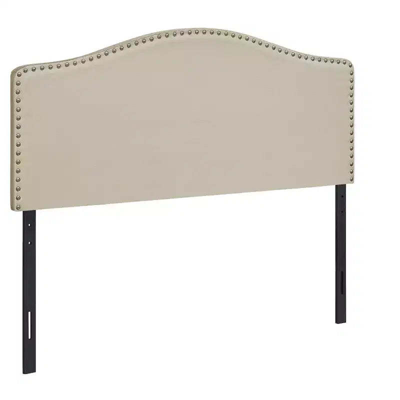HomeRoots Beige Linen Blend Upholstered Arched Full Headboard With Nail Head Trim