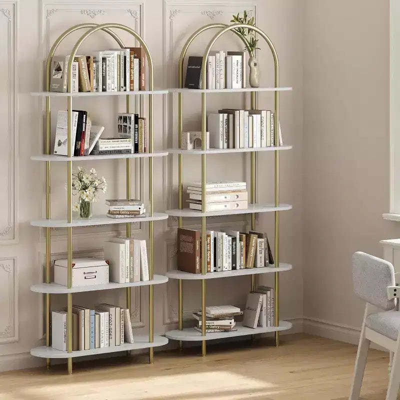 Acekool 5-Tier Arched Bookshelf Set of 2, Metal Frame, Open Storage Display, Anti-Tip, Marble White