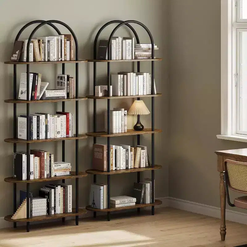Acekool 5-Tier Arched Bookshelf Set of 2, Metal Frame, Open Storage Display, Anti-Tip, Vintage Finish