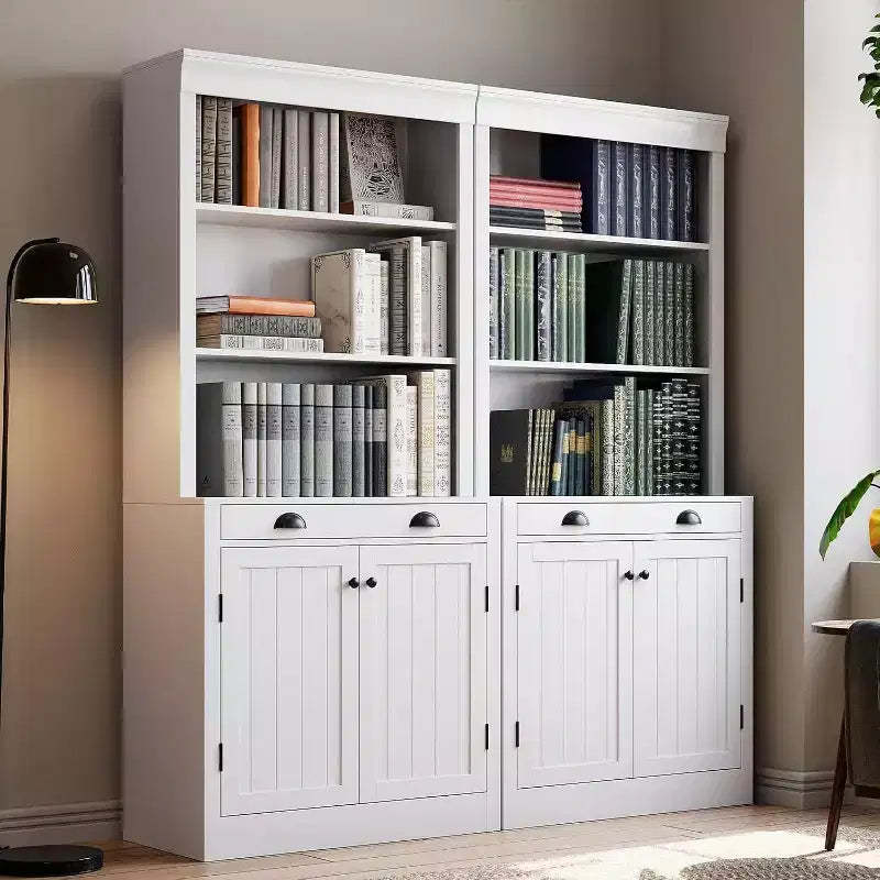 Acekool Modern Bookcase with Louvered Doors, Adjustable Shelves, Drawer & Cabinet, Set of 2, Safety Anti-Tip, Black