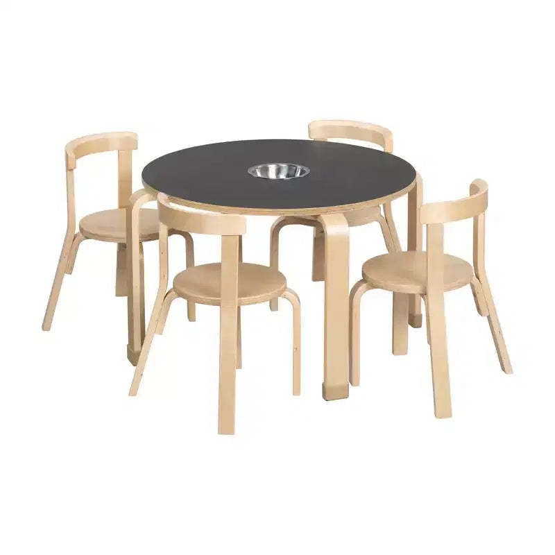 ECR4Kids Round Bentwood Chalkboard Table and Curved Back Chair Set, Kids Furniture, Natural, 5-Piece