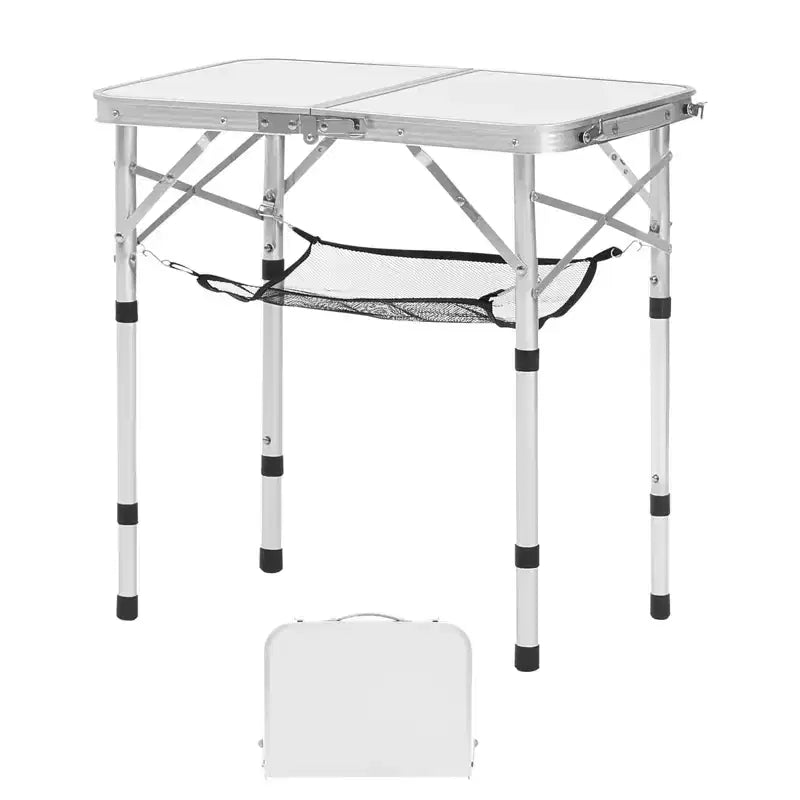 VEVOR Folding Camping Table, Adjustable Height Portable Side Tables, Aluminum MDF Beach Table with Mesh Layer, Carrying Handle, 24x16in, Silver