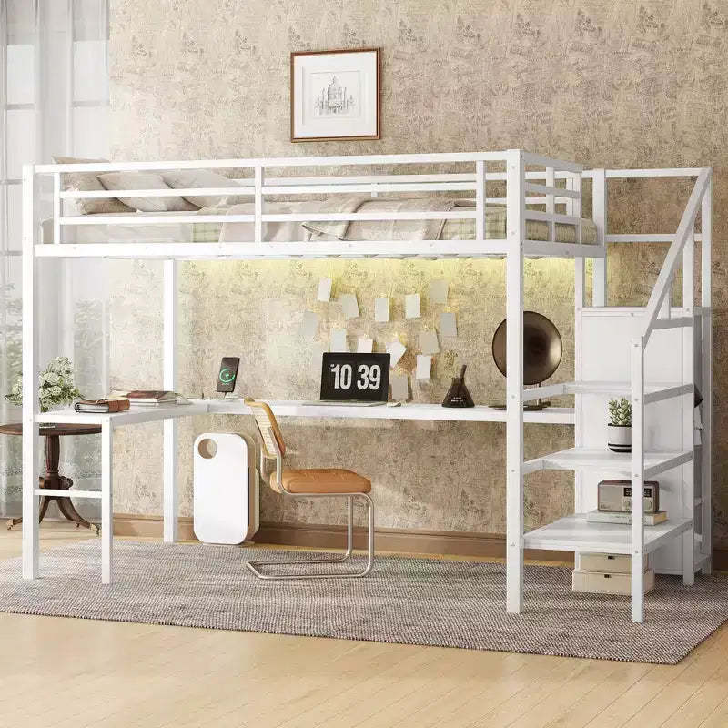 Full Size Loft Bed with L-shaped Desk and USB Metal Loft Bed with Wardrobe and Adjustable Shelf White