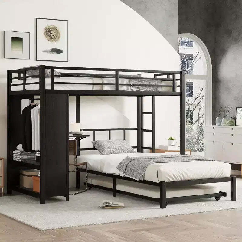 Twin over Twin Bunk Bed with Built-in Wardrobe Metal Bunk Bed with Trundle Foldable Desk Ladders Noise-reduced design Black