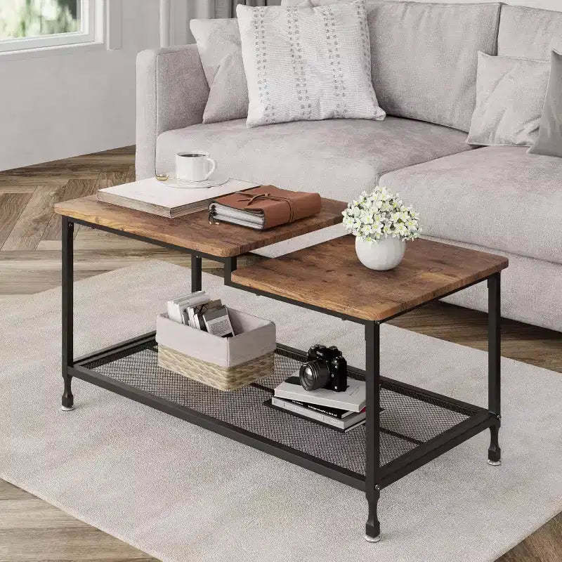 Industrial Coffee Table 2-Tier Rectangle Storage Cocktail Table Living Room Table with Mesh Shelf Metal Frame Sturdy Coffee Table, Rustic Brown