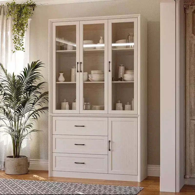 Famapy Modern Kitchen Hutch with Glass Doors,Multi-Drawer Kitchen Organizer,Kitchen Pantry with Storage,Easy Assembly,Perfect for Any Kitchen Layout