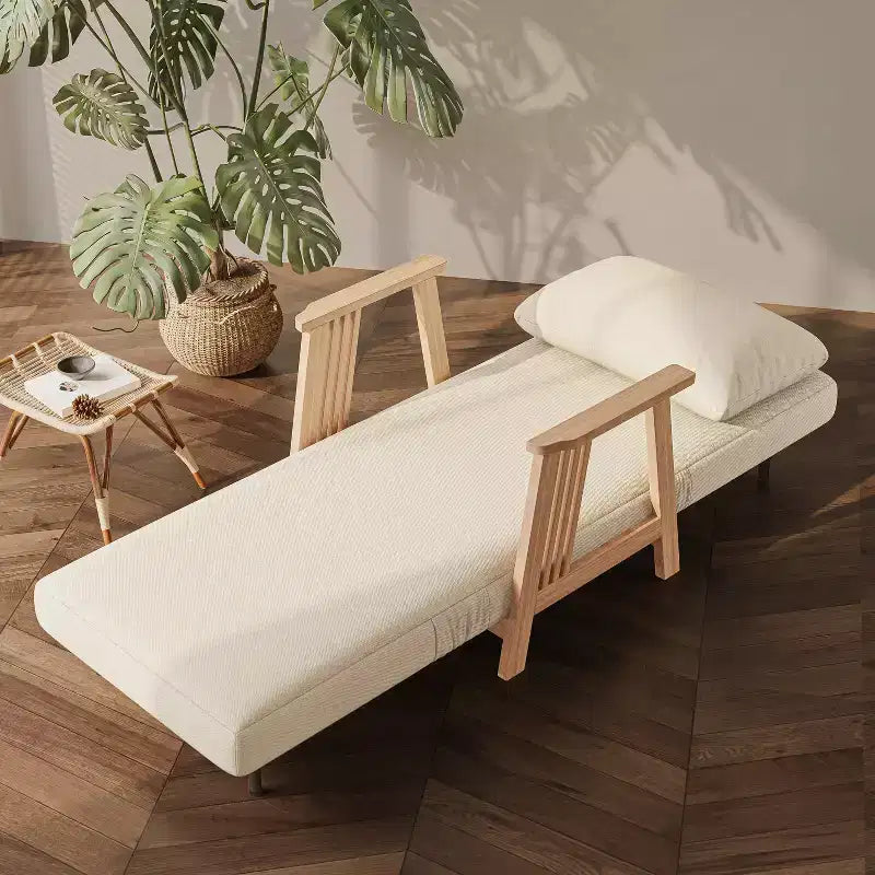 ATJafurn Folding Chair Bed, Modern Convertible Wooden Upholstered Armchair Sleeper Chaise Recliner Sofa Bed for Bedroom Living Room, Beige