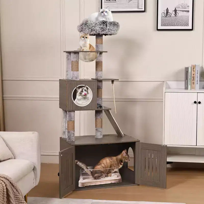 Litter Box Enclosure with Cat Tree, 2-in-1 Cat Tower, 66.9-Inch Tall Condo with Scratching Posts