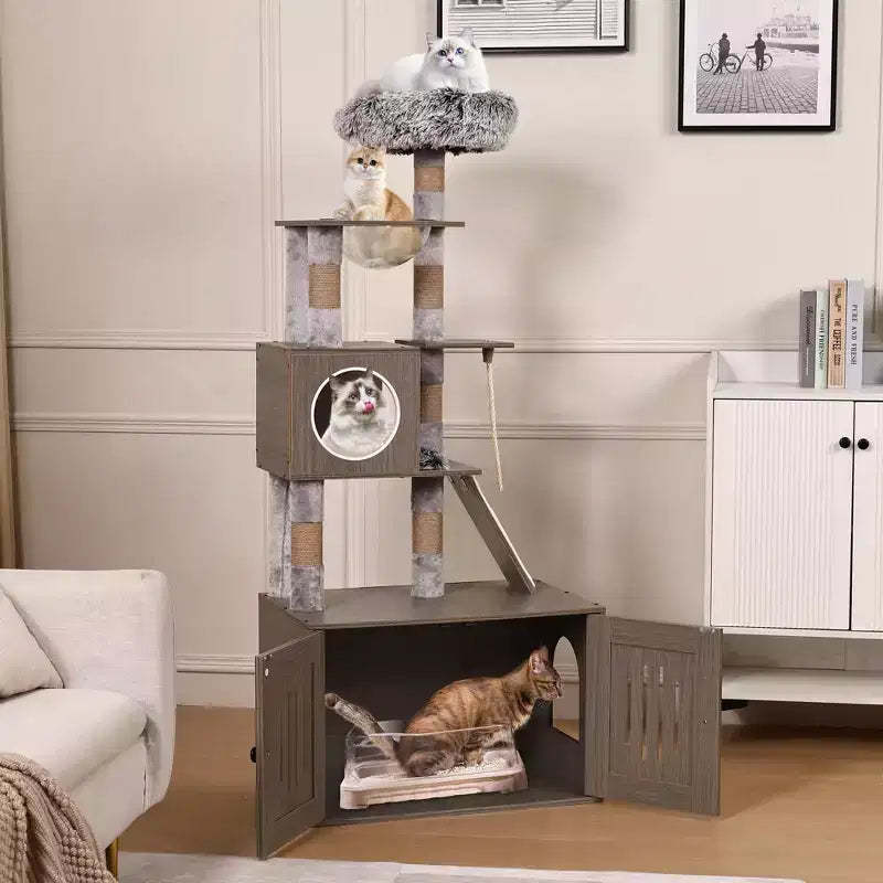 Litter Box Enclosure with Cat Tree, 2-in-1 Cat Tower, 66.9-Inch Tall Condo with Scratching Posts