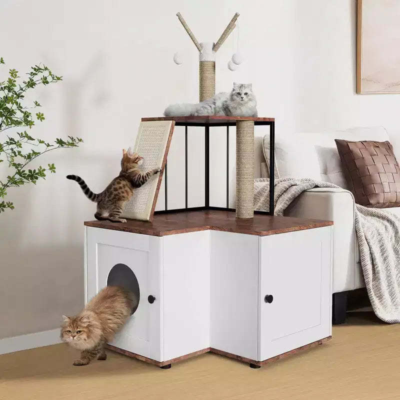 Modern 2-in-1 Cat Tree and Litter Box Enclosure with Odor-Resistant Surfaces, Multi-Level Tower
