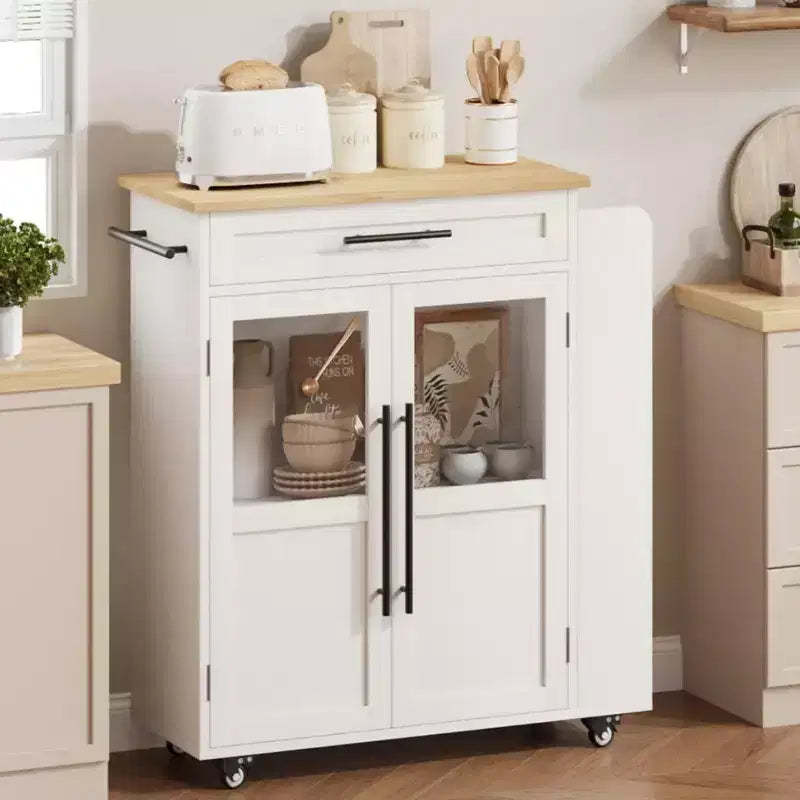 Coolmee 42 inch Kitchen Island Cart - Wood Top with Drawer, 3-Tier Shelves & Locking Wheels, Farmhouse Mobile Storage for Small Kitchens