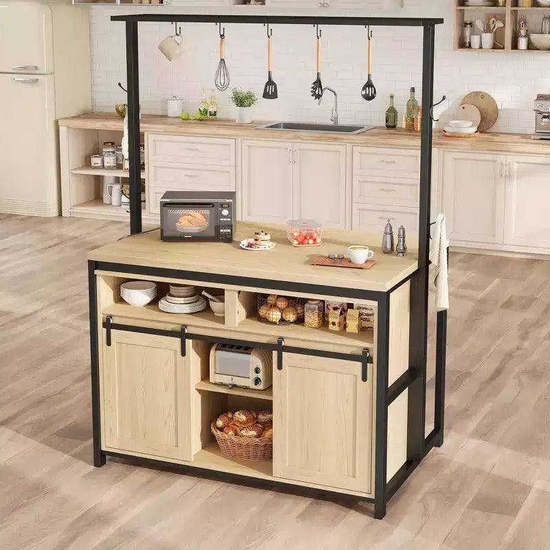 Coolmee 42 Inch Mobile Kitchen Island with Storage - Multi-Functional Rolling Cart with 2 Sliding Barn Doors, 4 Open Shelves & 9 Hooks