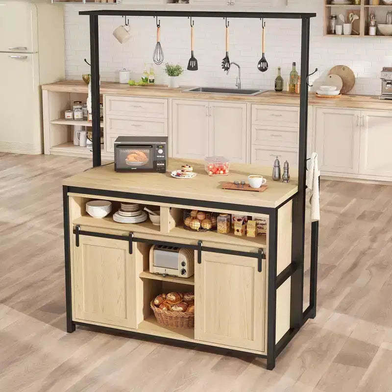Coolmee 42 Inch Mobile Kitchen Island with Storage - Multi-Functional Rolling Cart with 2 Sliding Barn Doors, 4 Open Shelves & 9 Hooks