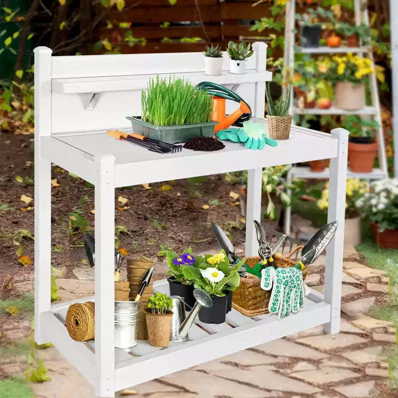 EAGLE PEAK Outdoor Indoor Maintenance Free Vinyl Garden Potting Bench, Waterproof Potting Table with Open Shelf, White