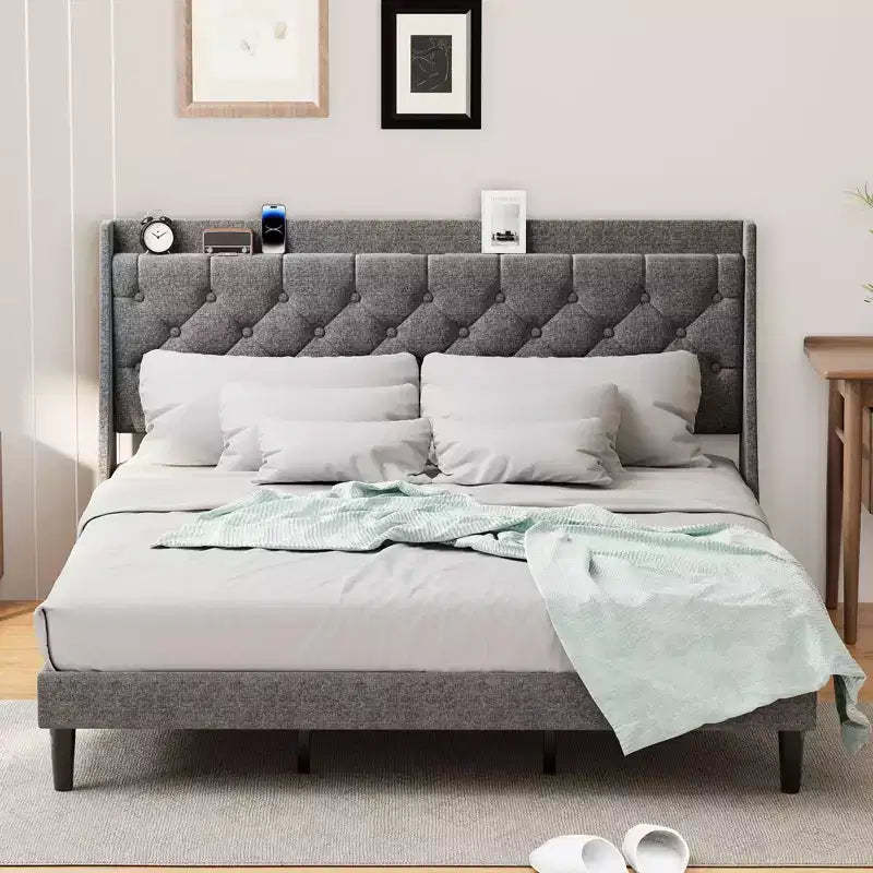 King Upholstered Bed Frame with Wingback Headboard, Linen Upholstery - Deep Button Tufted, Storage Shelf