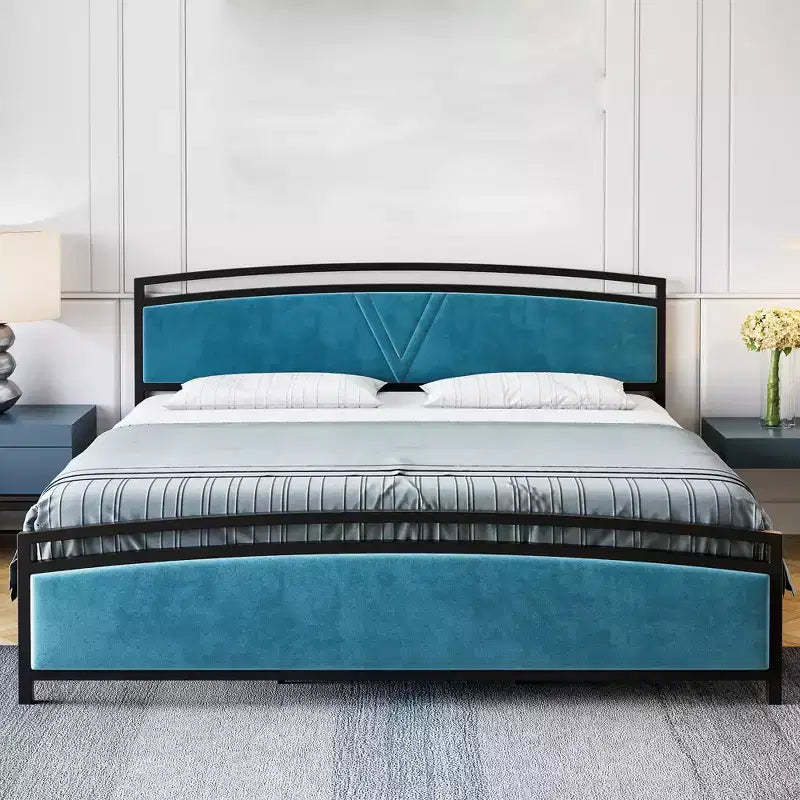 Bed Frame, Velvet Upholstered Bed Frame with Arc Design Headboard and Footboard, Modern Platform Bed with Adjustable Headboard