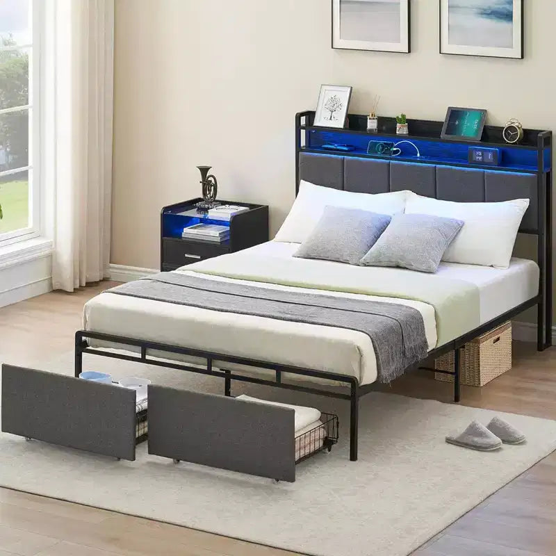 Queen Bed Frame with 2 Storage Drawers, Upholstered Storage Headboard with LED Lights and Charging Station