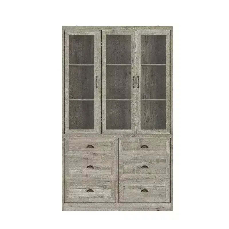 Famapy Vintage Kitchen Cabinet with Adjustable Shelves Rustic Storage Hutch with 6 Drawers Kitchen Pantry with Glass Door Antique-Style