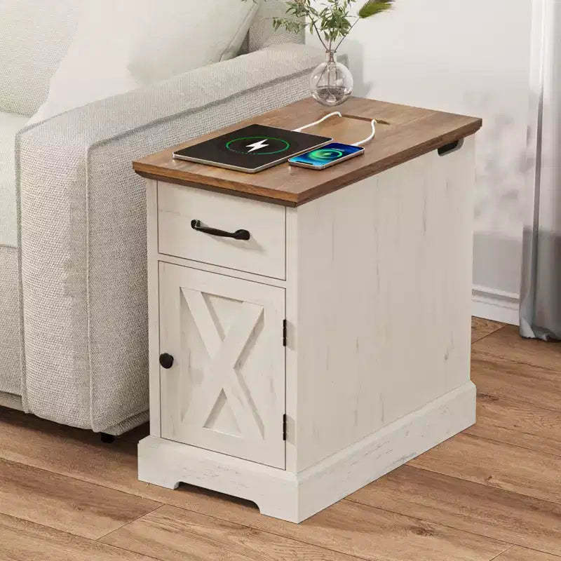 Hommpa Rustic Farmhouse End Table with Charging Station & Storage Shelves Perfect for Small Space
