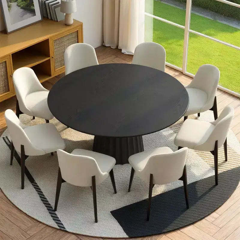 PexFix 60 Modern Round Dining Table Set with 8 Upholstered Chairs Black Textured Wood Top Pleated Pedestal Base Beige Seats for Kitchen Dining Room