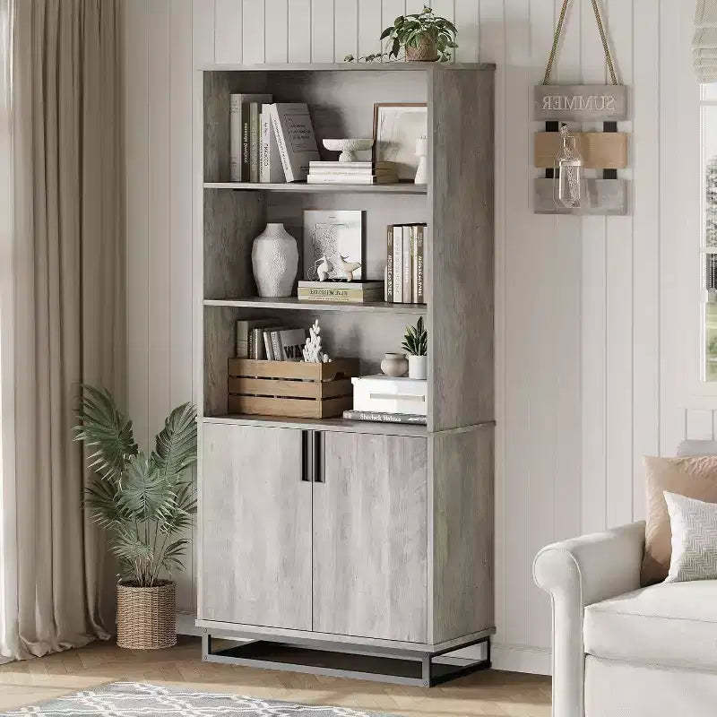 Acekool Farmhouse Bookshelf with Doors, Metal Base, 3 Open & 2 Hidden Shelves, Waterproof Scratch-Resistant,