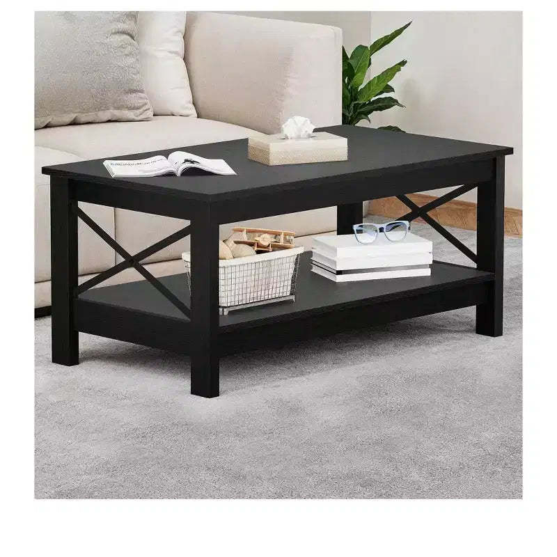 Coffee Table With Storage Shelf For Living Room 2-Tier Thicker Legs Wood Accent Cocktail Center Sturdy Frame