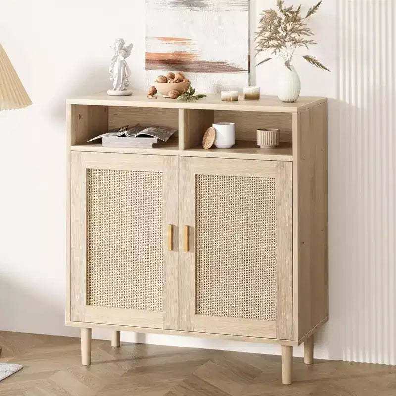 Coolmee Sideboard Buffet Storage Cabinet, Rattan Kitchen Cabinet with 2 Doors/Shelf for Dining Living Room Entry Hallway Coffee Bar