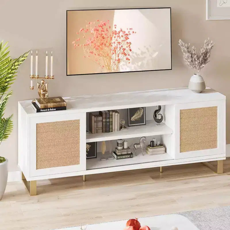 65 White TV Stand - Modern Rattan Entertainment Center with Storage Doors & Shelves