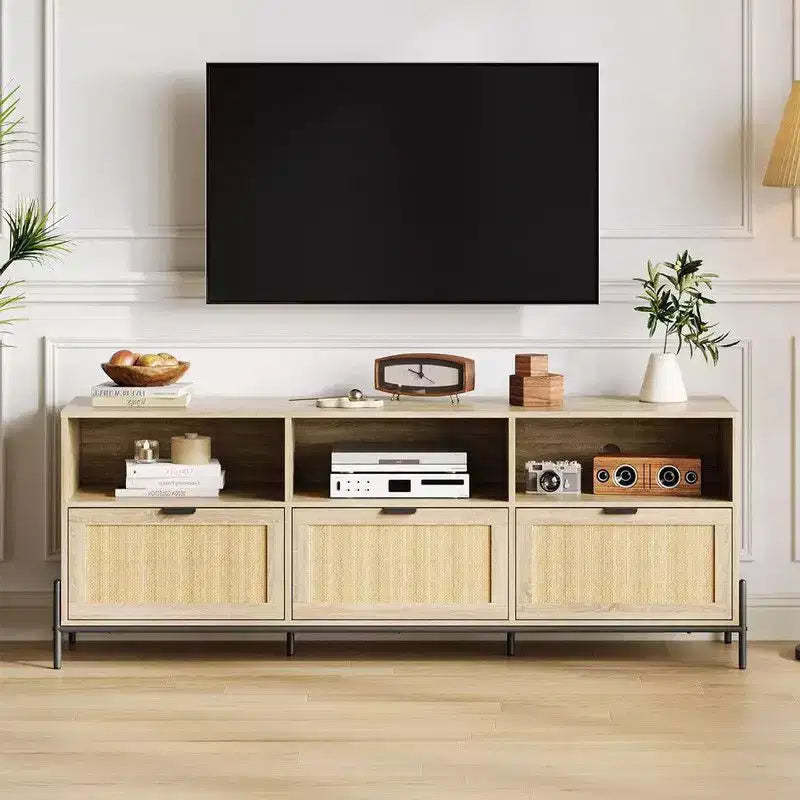 Rattan TV Stand for TVs up to 75'', Entainment Center with Open Shelf & 3 Drawers, Mid Century Modern Entertainment Center