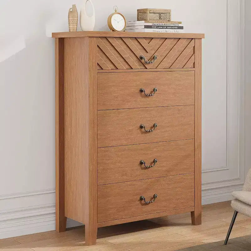 5 Drawer Dresser for Bedroom, Wooden Chest of Drawers with V Shape Design, Tall Storage Organizer for Living Room, Nursery, Entryway