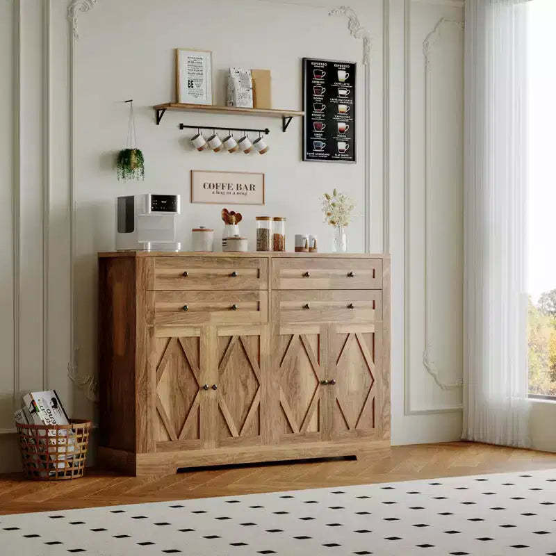 Modern Farmhouse Buffet Cabinet with Storage, Sideboard Storage Cabinet with 4 Doors & 4 Drawers Coffee Bar