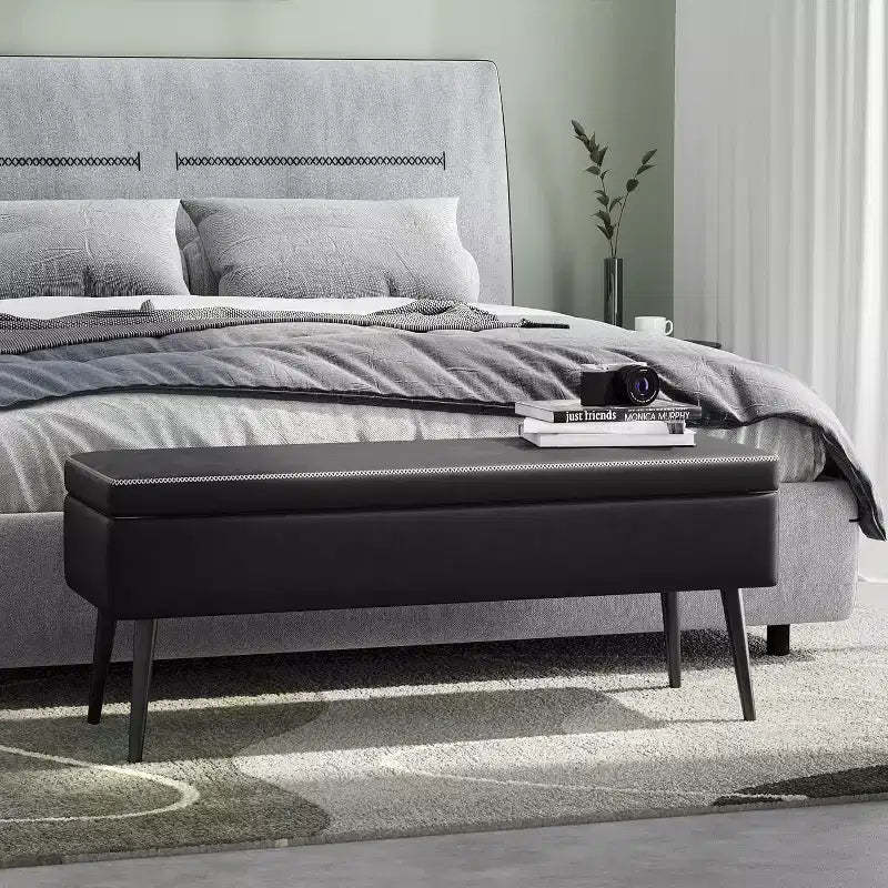 Storage Ottoman Bench, Mid-Century Modern Entryway Bedroom Bench for Bedroom, Entryway End, Synthetic Leather with Stitching, Loads 680 Lb