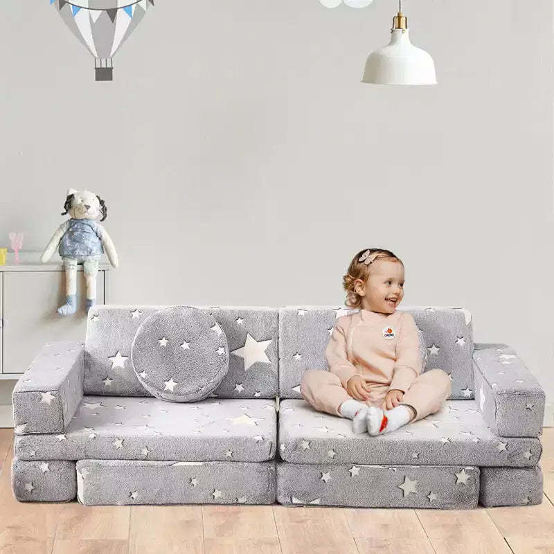 12 Pcs Modular Kids Large Play Sofa with Star Glow in The Dark Convertible Foam and Floor Cushion for Boys and Girls