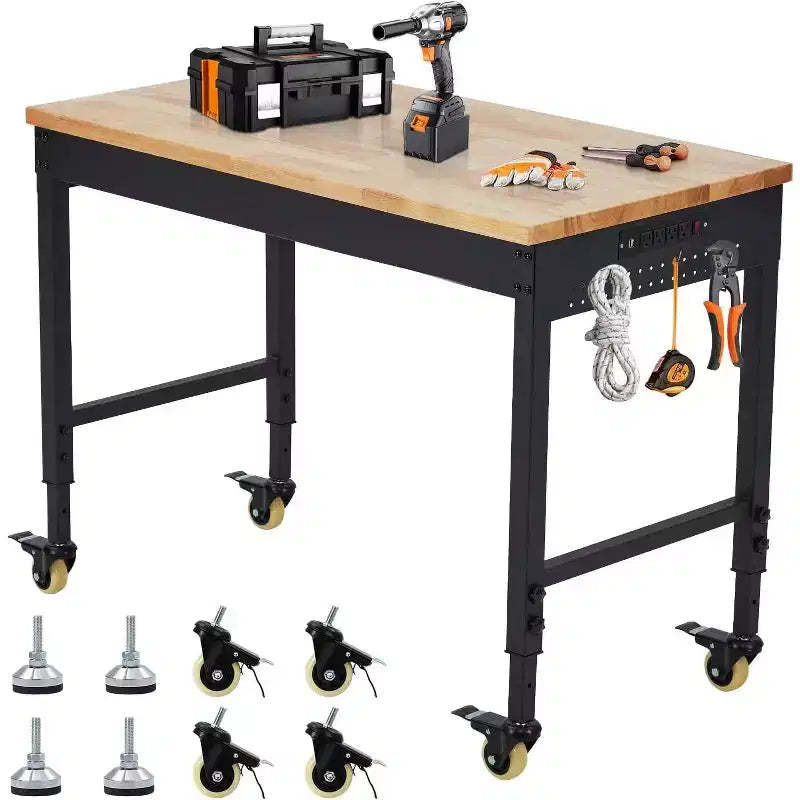 Adjustable Workbench 2000 Lbs Capacity, Rubber Wood Table Heavy Duty Workstation with Hardwood Top, Power Outlets,Metal Frame,Swivel Casters