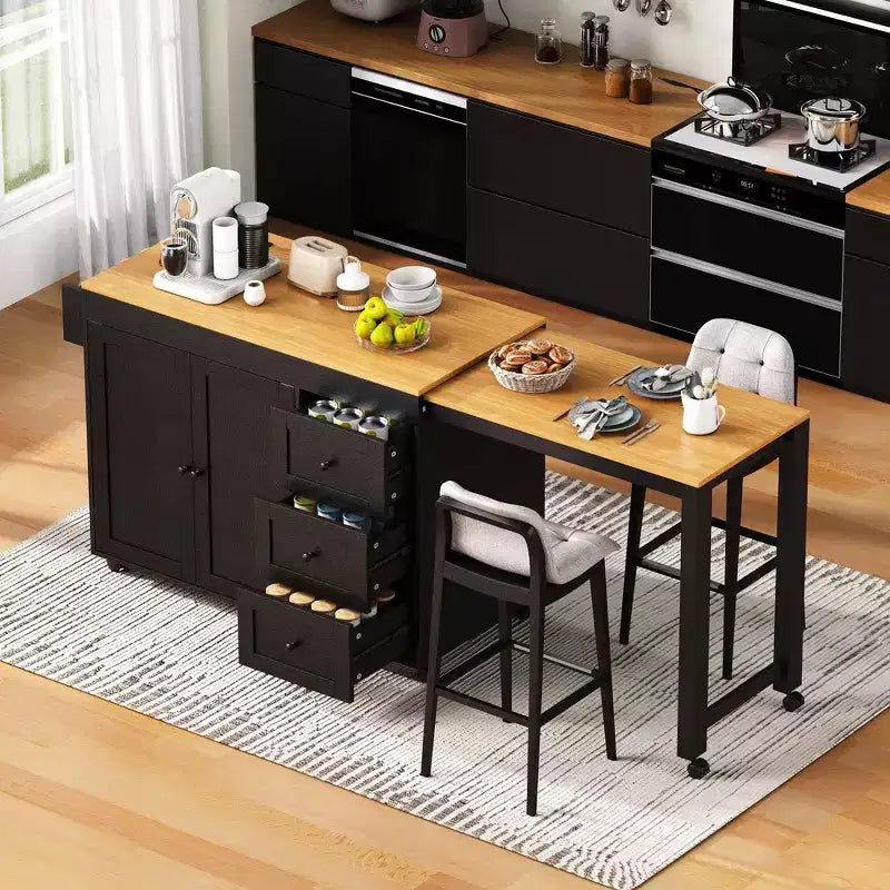 Whisen Kitchen Island with Extendable Dining Table, Storage Cart with 3 Drawers, Power Outlet, Spice Rack and 2 Door Cabinet